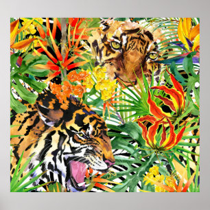 Tropical Tiger Watercolor Jungle Pattern Poster