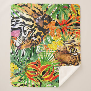 Tropical Tiger Watercolor Jungle Pattern Sherpa Blanket