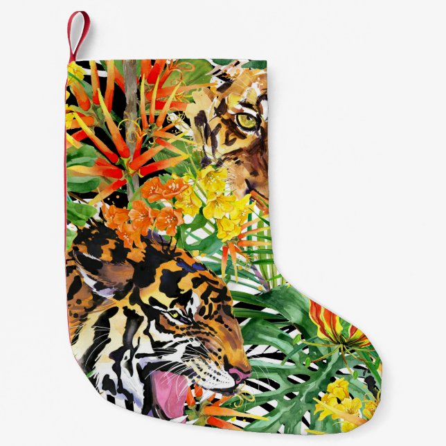 Tropical Tiger Watercolor Jungle Pattern Small Christmas Stocking (Front)