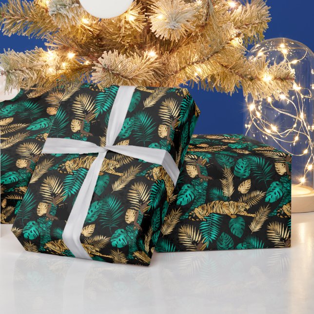 Tropical Tigers & Leaves | Bold Jungle Pattern Wrapping Paper (Holidays)