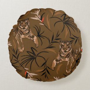 Tropical Tigers Paradise Flower Pattern Round Cushion