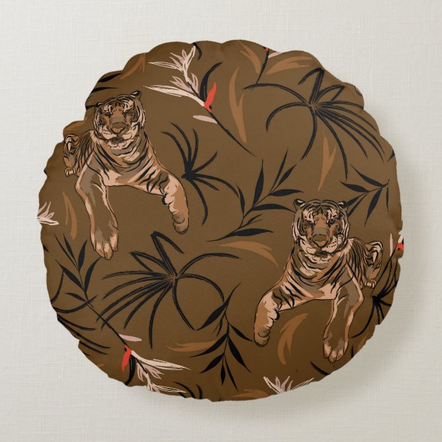Tropical Tigers Paradise Flower Pattern Round Cushion (Front)