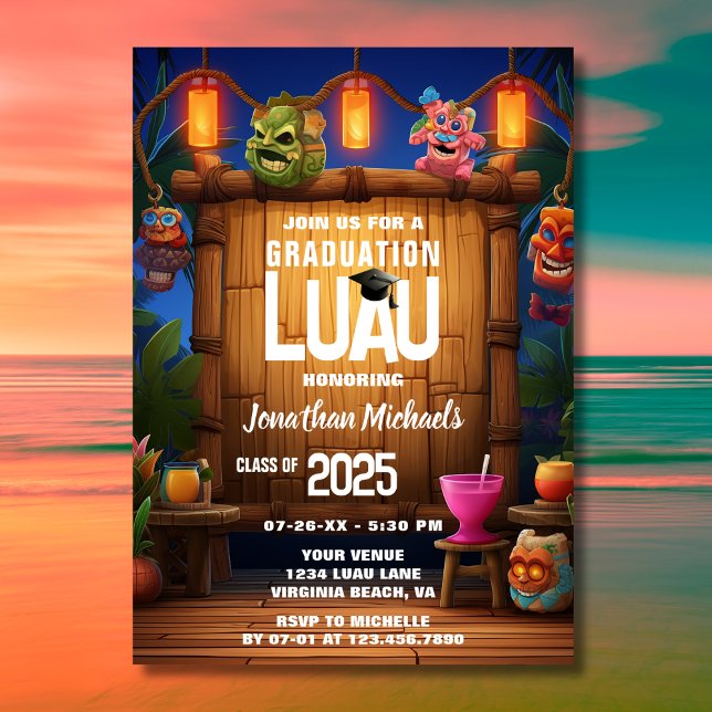 Tropical Tiki Hawaiian Island Luau Graduation Invitation (Front - Tropical Tiki Hawaiian Luau Photo Graduation Invitation)
