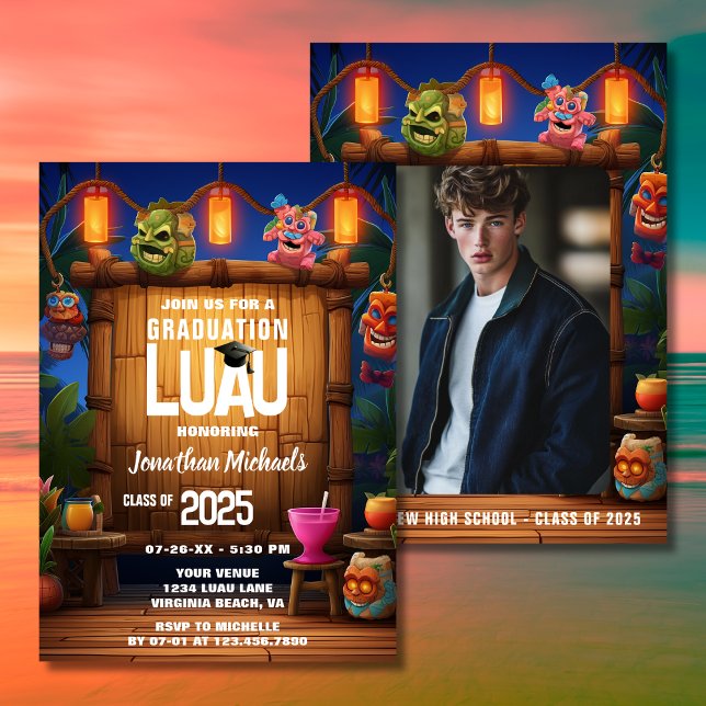 Tropical Tiki Hawaiian Luau Photo Graduation Invitation (Tropical Tiki Hawaiian Luau Photo Graduation Invitation)