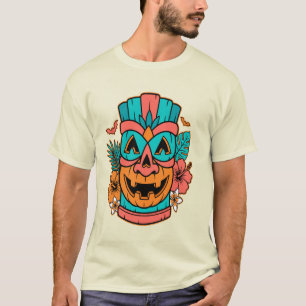 Tropical Tiki Pumpkin Mask Halloween T-Shirt