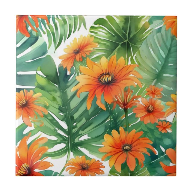 Tropical Tithonia Vibrant Watercolor Tile (Front)