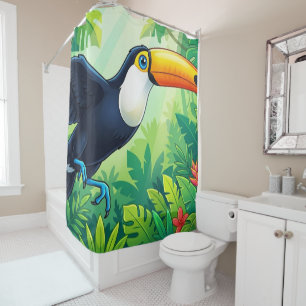 Tropical Toco Toucan in Flight over Jungle Flowers Shower Curtain