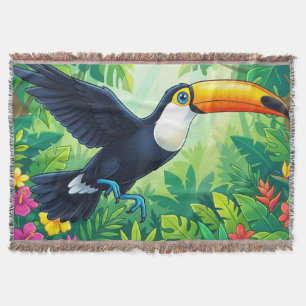 Tropical Toco Toucan in Flight over Jungle Flowers Throw Blanket