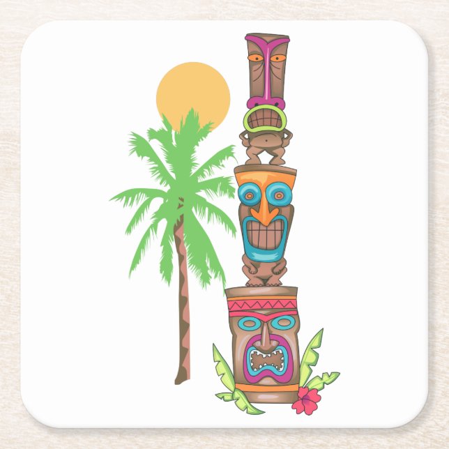 Tropical Totem Scene Square Paper Coaster (Front)
