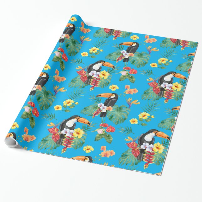 Tropical Toucan and Flowers Wrapping Paper (Unrolled)