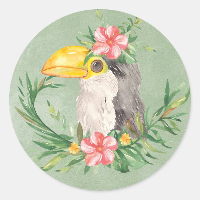 Tropical Toucan Bird Floral Baby Shower Classic Round Sticker (Front)