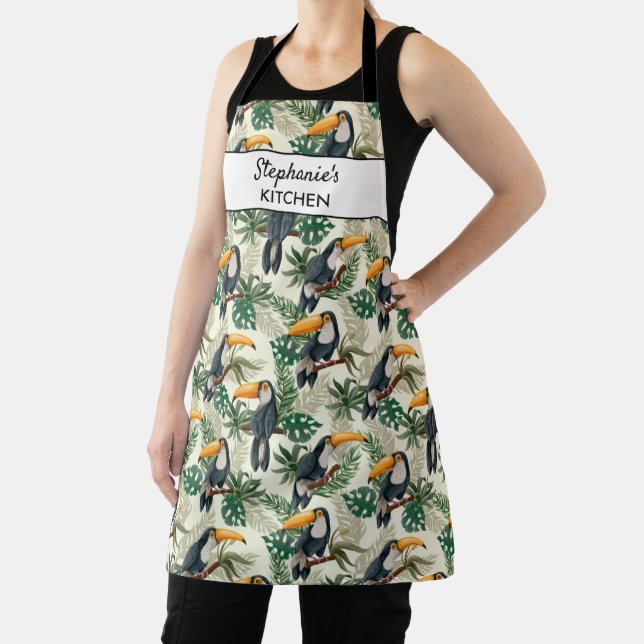 Tropical Toucan Bird Palm Leaves Ferns Custom Text Apron (Insitu)