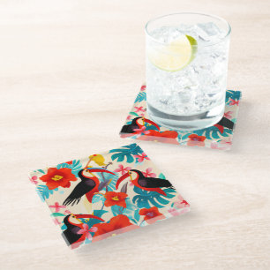 Tropical Toucan birds glass coasters
