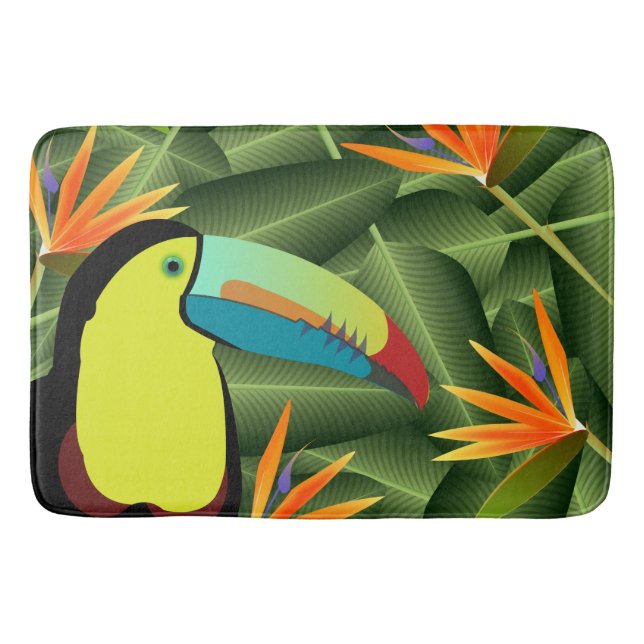 Tropical Toucan & Birds of Paradise Flowers Bath Mat (Front)