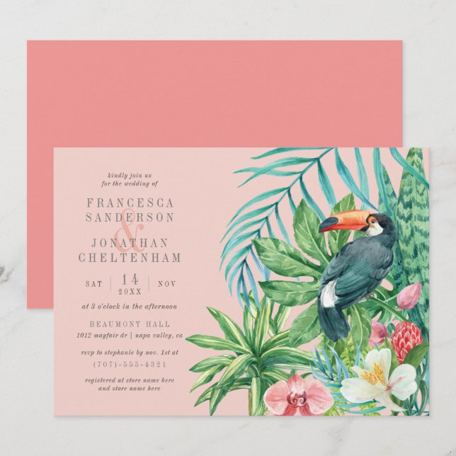 Tropical Toucan & Flowers Blush Pink Wedding Invitation (Front/Back)