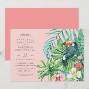 Tropical Toucan & Flowers Blush Pink Wedding Invitation