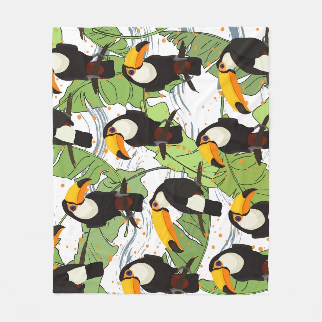 Tropical Toucan, green palms, vintage pattern. Fleece Blanket (Front)