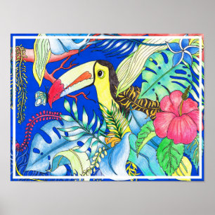 Tropical Toucan & Jungle Foliage Illustration Poster