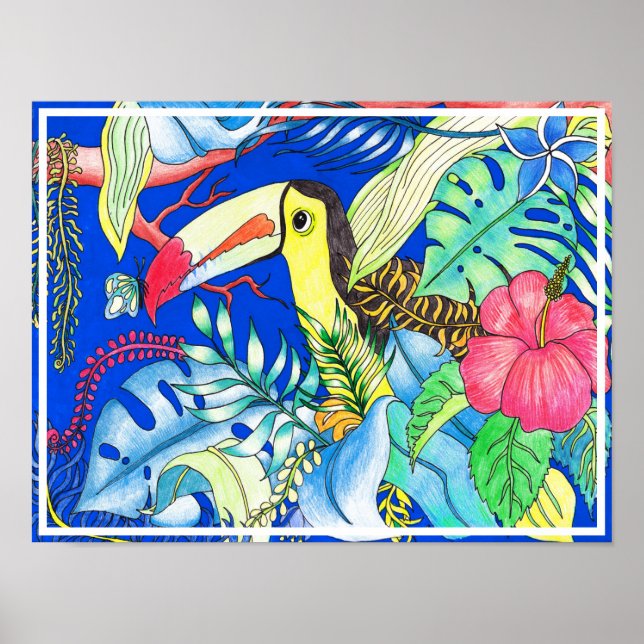 Tropical Toucan & Jungle Foliage Illustration Poster (Front)