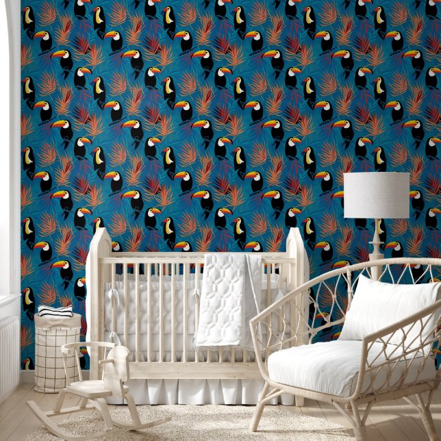 Tropical Toucan & Palm Leaf Pattern on Blue  Wallpaper (Kids)