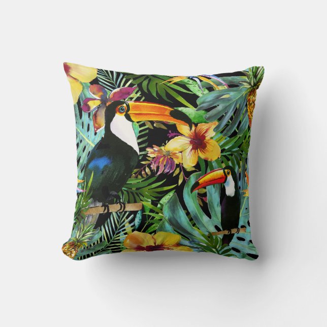 Tropical Toucan Paradise Palm Pineapple Modern Cushion (Front)