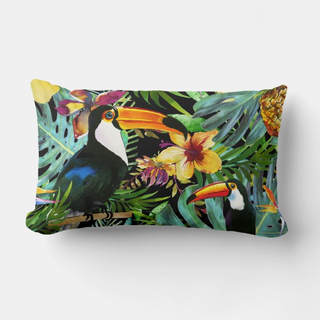 Tropical Toucan Paradise Palm Pineapple Modern Lumbar Cushion (Front)