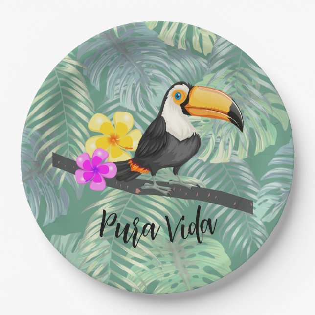 Tropical Toucan Pura Vida Paper Plate (Front)