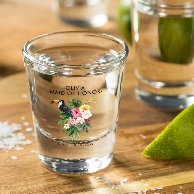Tropical Toucan Wedding Bridesmaid Personalised Shot Glass (Creator Uploaded)