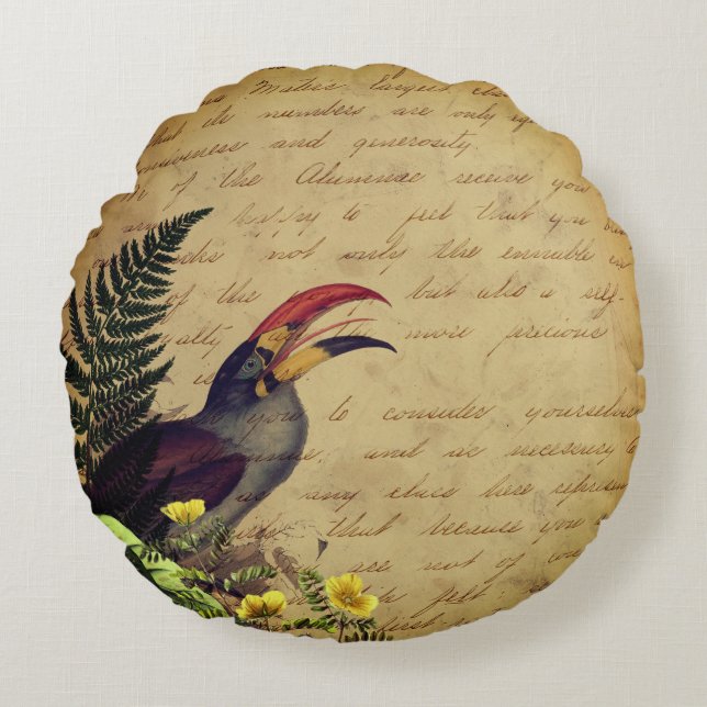 Tropical Toucan with Writing Ephemera  Round Cushion (Front)