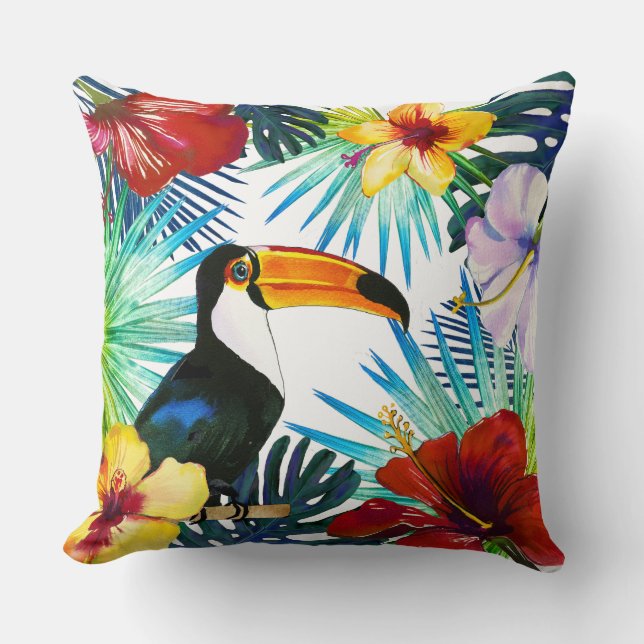 Tropical Toucan Yellow Red Teal Floral Beach Cushion (Front)