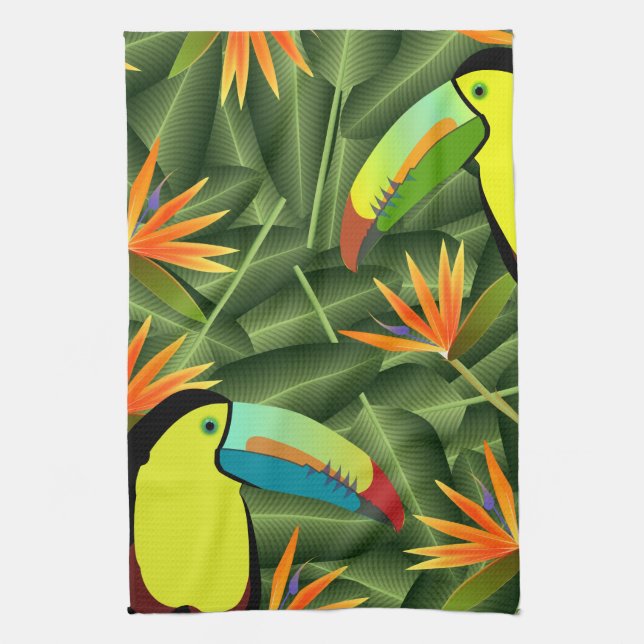 Tropical Toucans & Birds of Paradise Tea Towel (Vertical)