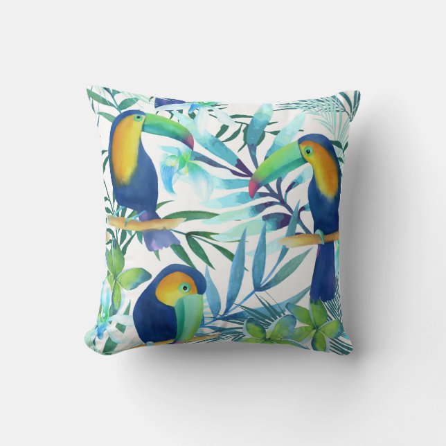 Tropical Toucans: Exotic Flower Pattern. Cushion (Front)