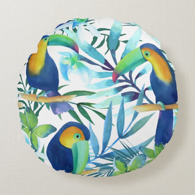 Tropical Toucans: Exotic Flower Pattern. Round Cushion (Front)