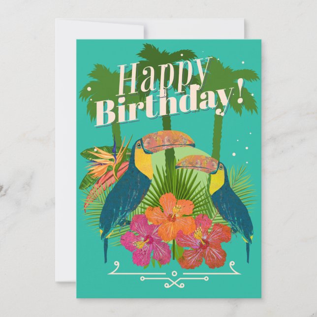 Tropical Toucans Happy Birthday Greeting Card (Front)