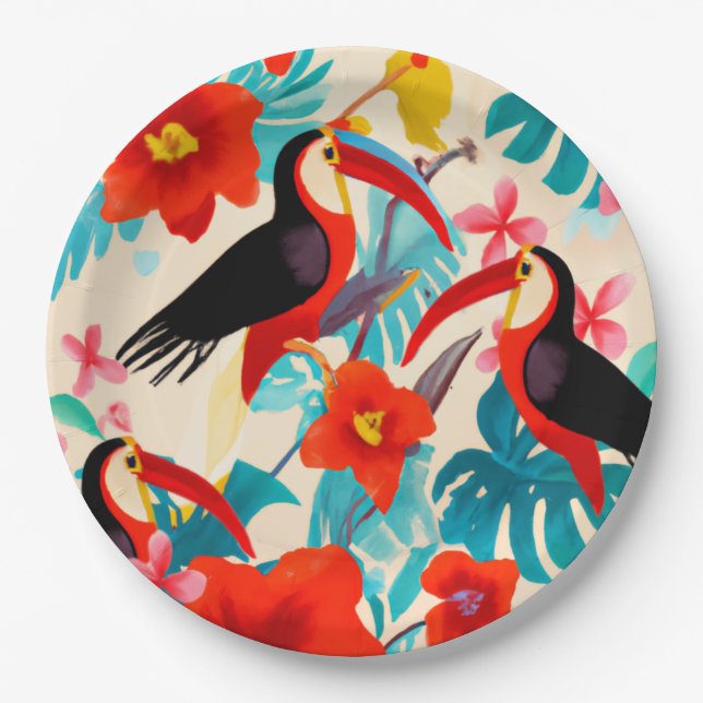 Tropical Toucans paper party plates (Front)