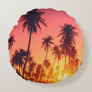 Tropical trees sunset round cushion