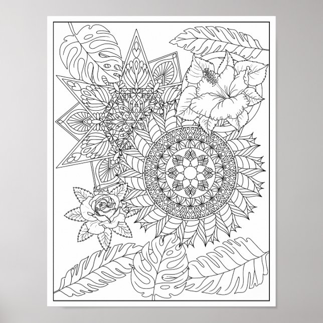 Tropical Tribal Intricate Mandala Adult Colouring  Poster (Front)