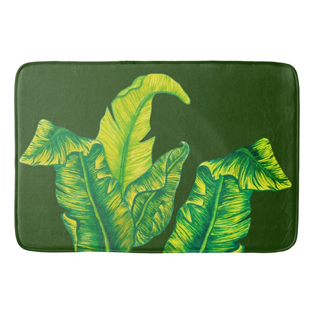 Tropical Tropicana Gold Leaves & Dark Green Bath Mat (Front)