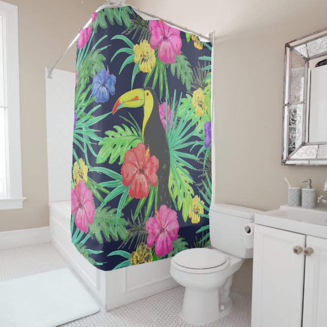 Tropical Tucan and Leaves Rainforest Shower Curtain (In Situ)