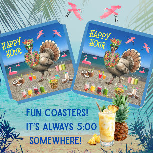 Tropical Turkey Happy Hour Thanksgiving Square Paper Coaster