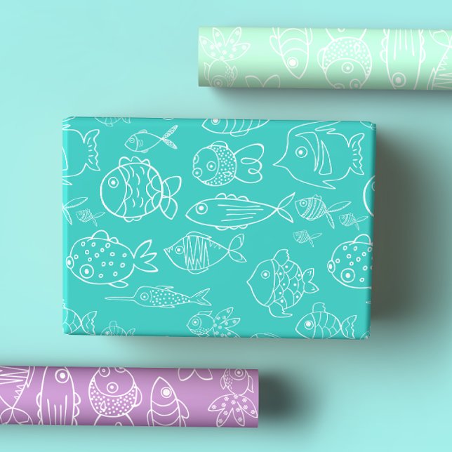 Tropical Turquoise and Peach Fish Cute Cartoon  Wrapping Paper Sheet (Creator Uploaded)