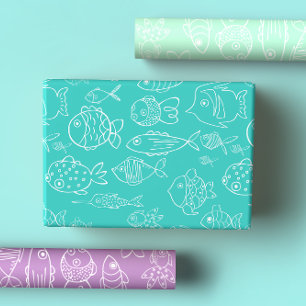 Tropical Turquoise and Peach Fish Cute Cartoon Wrapping Paper Sheet