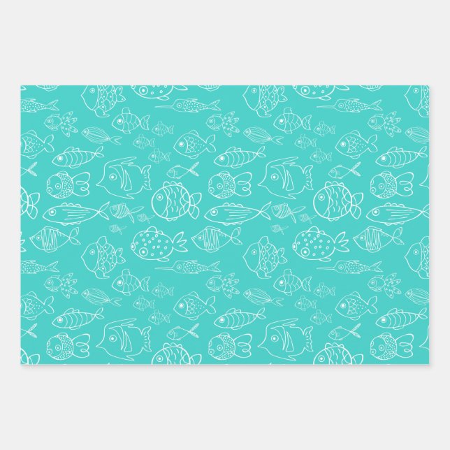 Tropical Turquoise and Peach Fish Cute Cartoon  Wrapping Paper Sheet (Front)