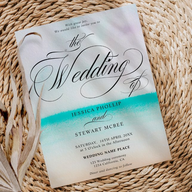 Tropical turquoise beach ombre calligraphy wedding invitation (Tropical turquoise beach ombre calligraphy wedding invitation)