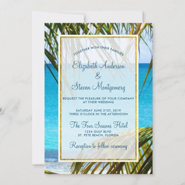 Tropical Turquoise Beach Wedding with Palm Fronds Invitation (Front)