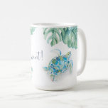Tropical Turquoise Blue Watercolor Sea Turtle Mug<br><div class="desc">Bring island vibes to your daily routine with this beach theme latte mug featuring original watercolor art of a sea turtle and monstera palm leaf in lush shades of turquoise blue, green, and white. The phrase "Seas the Moment" is styled in elegant hand-lettered script, and can be customised to say...</div>