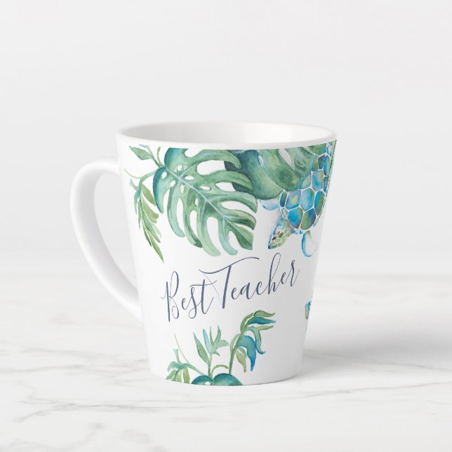 Tropical Turquoise Blue Watercolor Sea Turtle Mug (Left Angle)