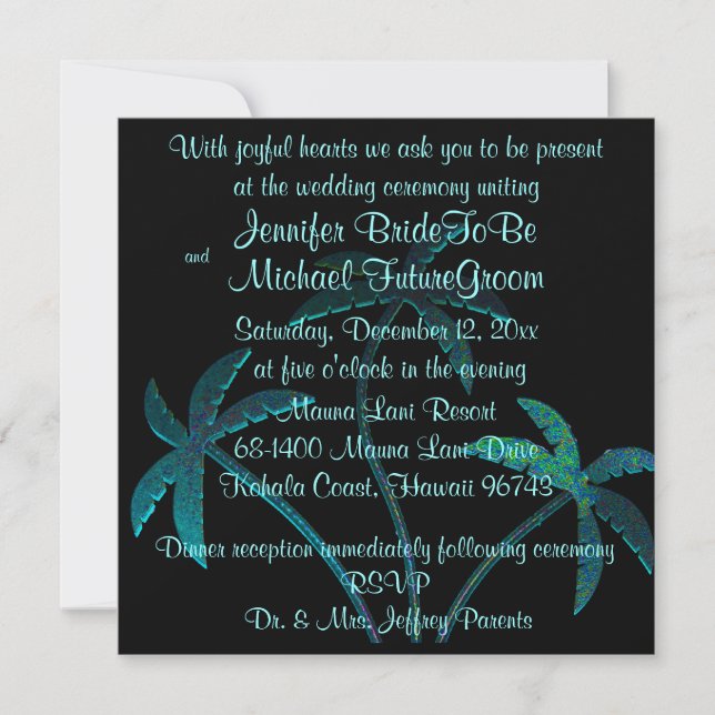 Tropical Turquoise Palm Tree Wedding Invitation (Front)