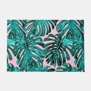 Tropical Turquoise Pink Jungle Leaves Doormat