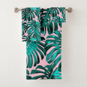 Tropical Turquoise Pink Monstera Jungle Leaves Bath Towel Set